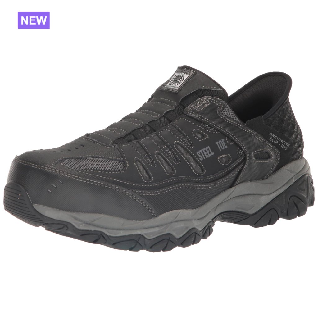 Steel Toe Slip-On Work Shoes, Leather Synthetic Mesh Upper, Memory Foam Insole